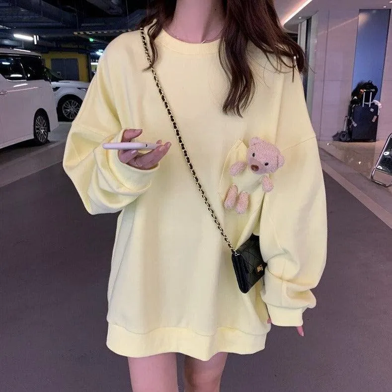 Teddy Bear Companion Lightweight Women's Sweatshirt Pullover Cute Kawaii Harajuku Girls Top Korean Style