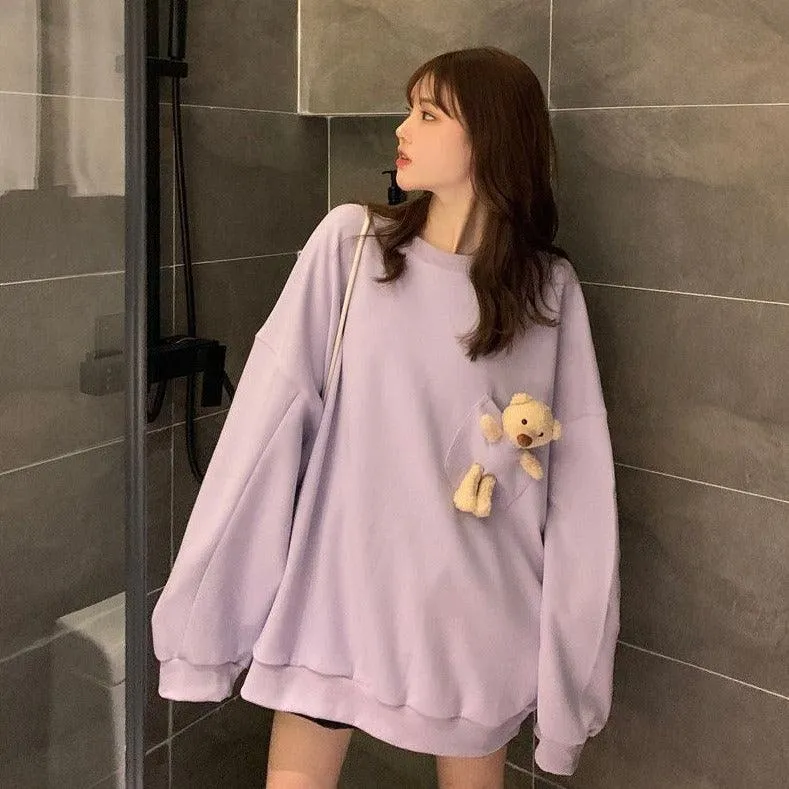 Teddy Bear Companion Lightweight Women's Sweatshirt Pullover Cute Kawaii Harajuku Girls Top Korean Style