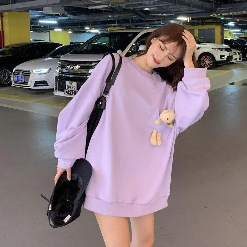 Teddy Bear Companion Lightweight Women's Sweatshirt Pullover Cute Kawaii Harajuku Girls Top Korean Style