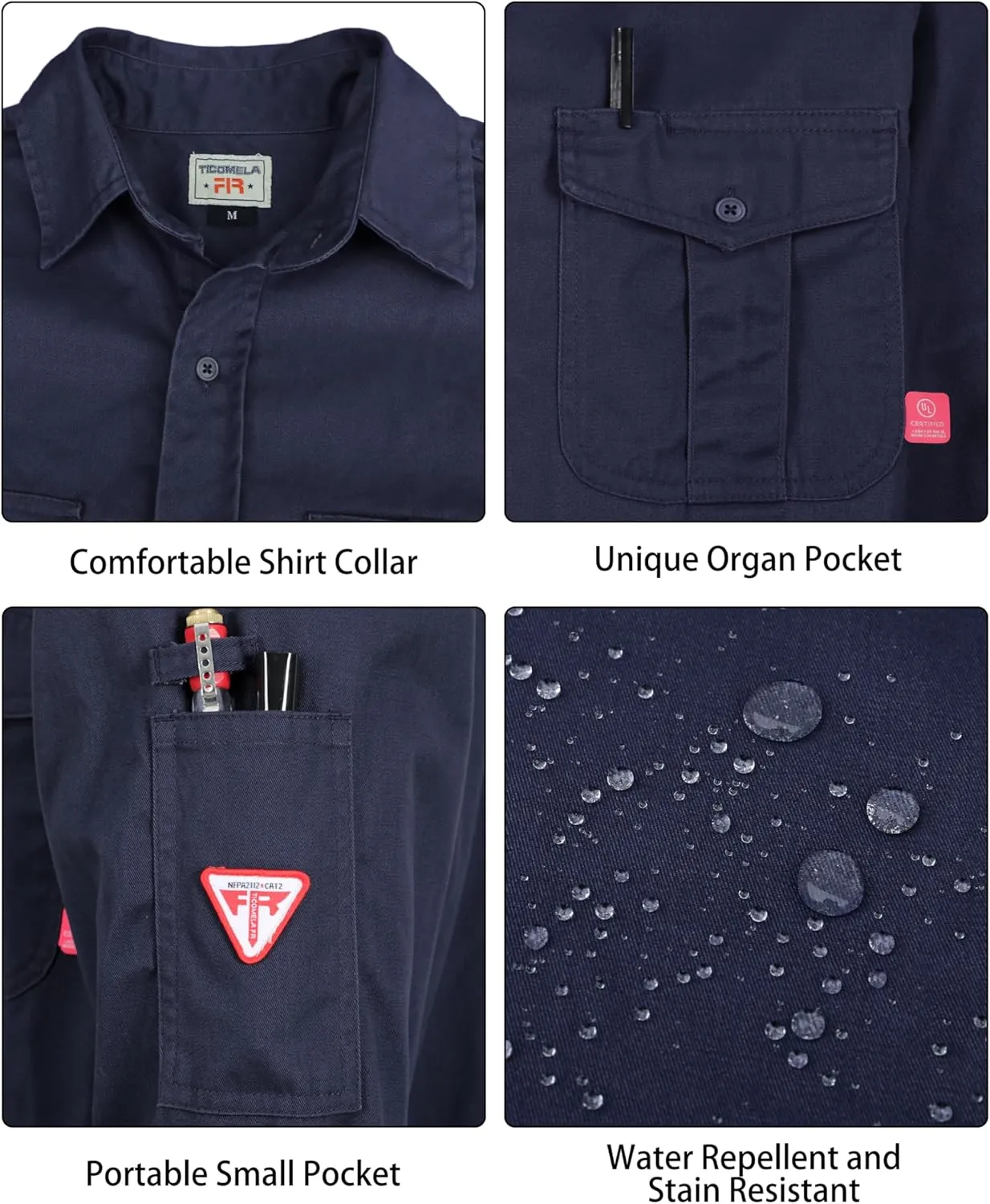 TICOMELA FR Shirts for Men Flame Resistant 7.5oz 100% Cotton NFPA2112 Men's Welding Shirts