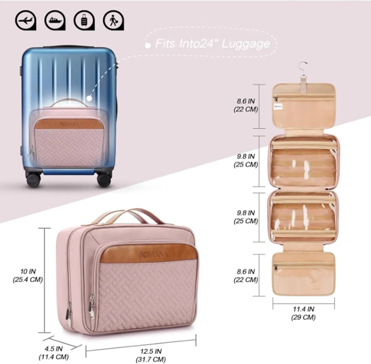 Toiletry Bag for Traveling Women - With Jewelry Organizer Compartment Hanging Toiletry Bag for Women used in Home, Travel, and Cosmetics - Nylon Material with Waterproof Skin (Pink, Large)