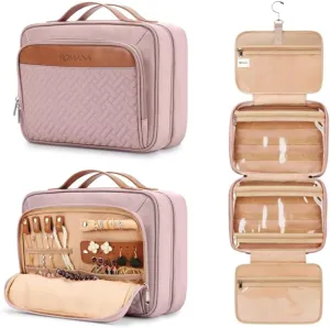 Toiletry Bag for Traveling Women - With Jewelry Organizer Compartment Hanging Toiletry Bag for Women used in Home, Travel, and Cosmetics - Nylon Material with Waterproof Skin (Pink, Large)