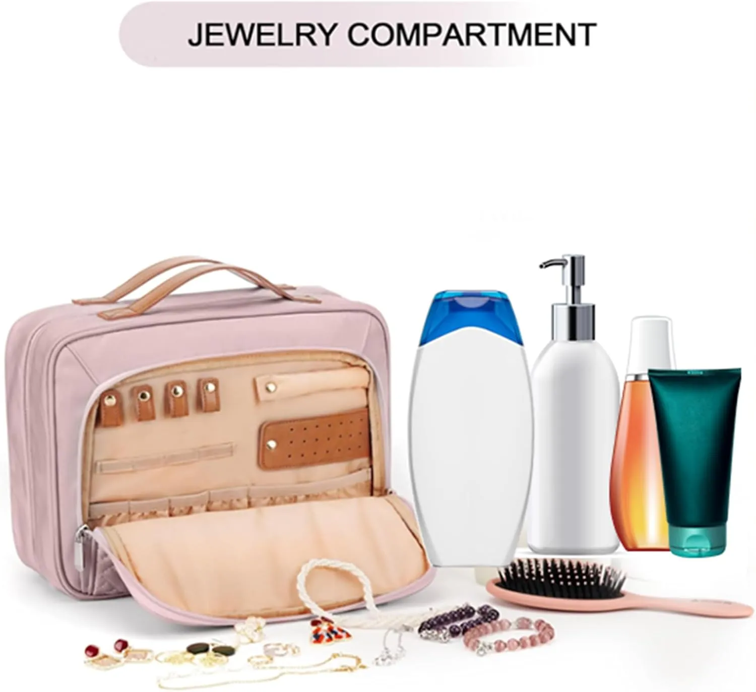 Toiletry Bag for Traveling Women - With Jewelry Organizer Compartment Hanging Toiletry Bag for Women used in Home, Travel, and Cosmetics - Nylon Material with Waterproof Skin (Pink, Medium)