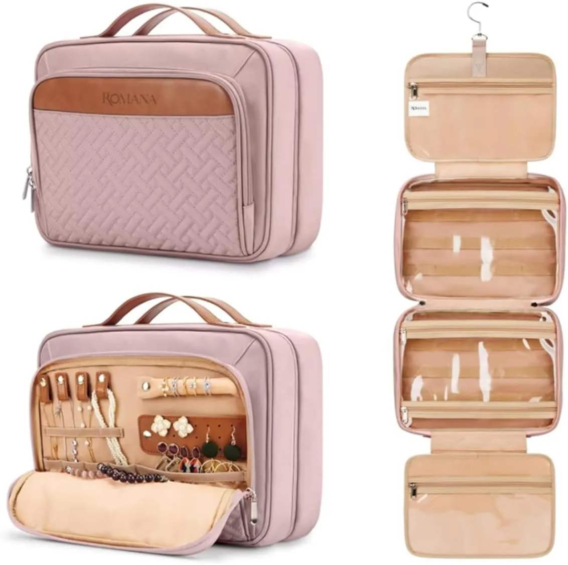 Toiletry Bag for Traveling Women - With Jewelry Organizer Compartment Hanging Toiletry Bag for Women used in Home, Travel, and Cosmetics - Nylon Material with Waterproof Skin (Pink, Medium)