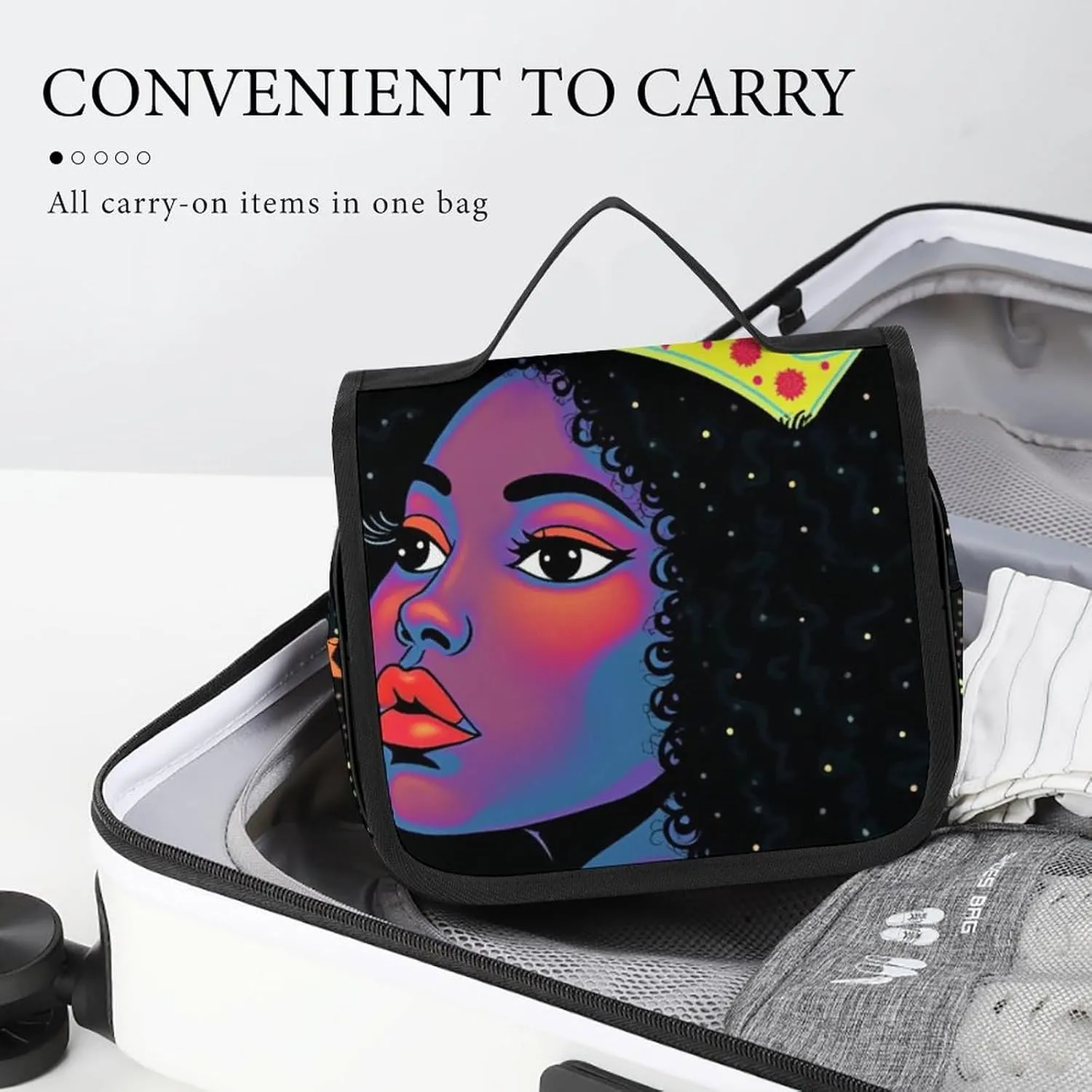 Toiletry Bag for Women and Men with Jewelry Organizer Compartment and Waterproof Pocket, Compatible with African American Woman Black Hanging Makeup Bag Accessories