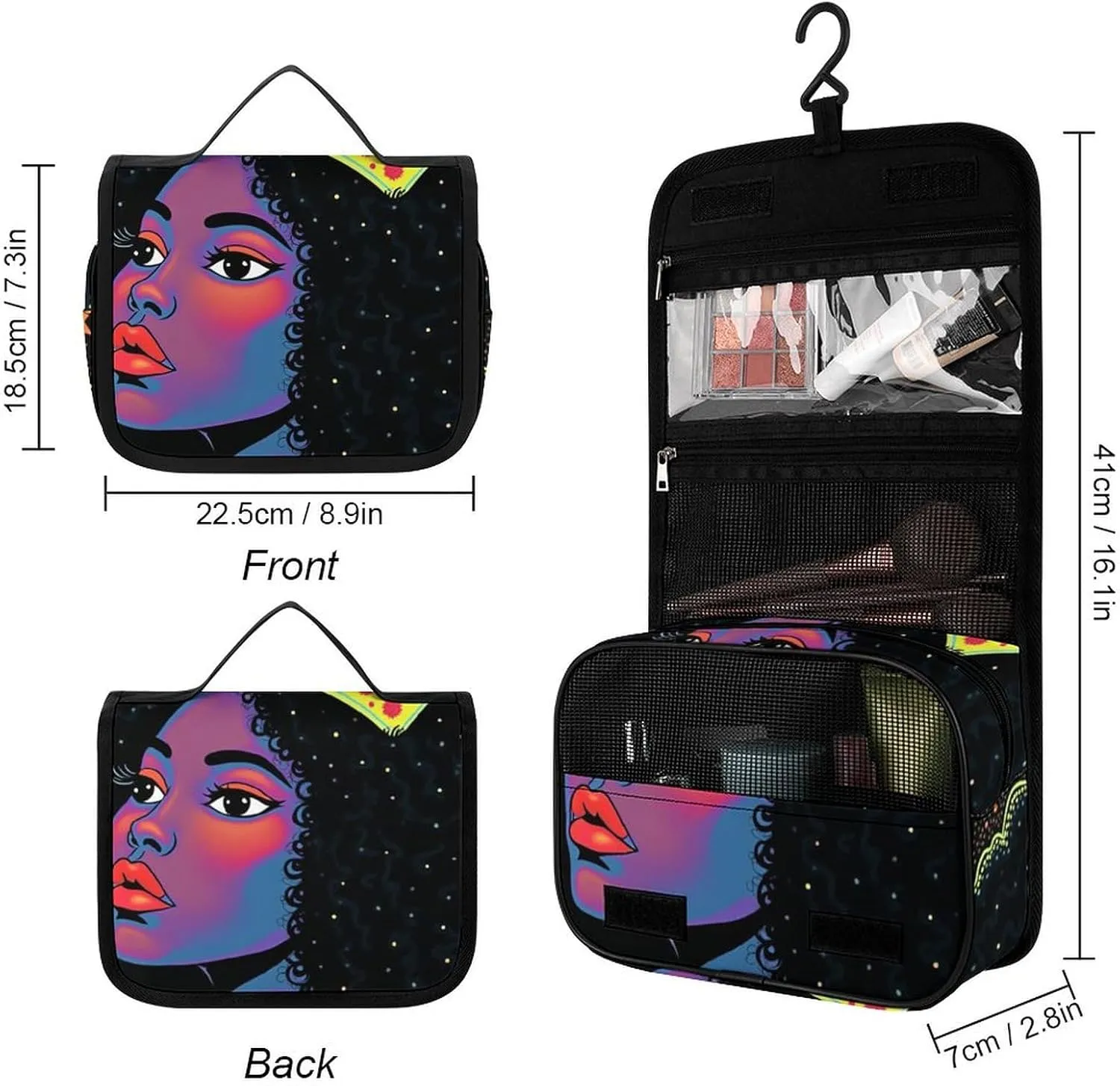 Toiletry Bag for Women and Men with Jewelry Organizer Compartment and Waterproof Pocket, Compatible with African American Woman Black Hanging Makeup Bag Accessories