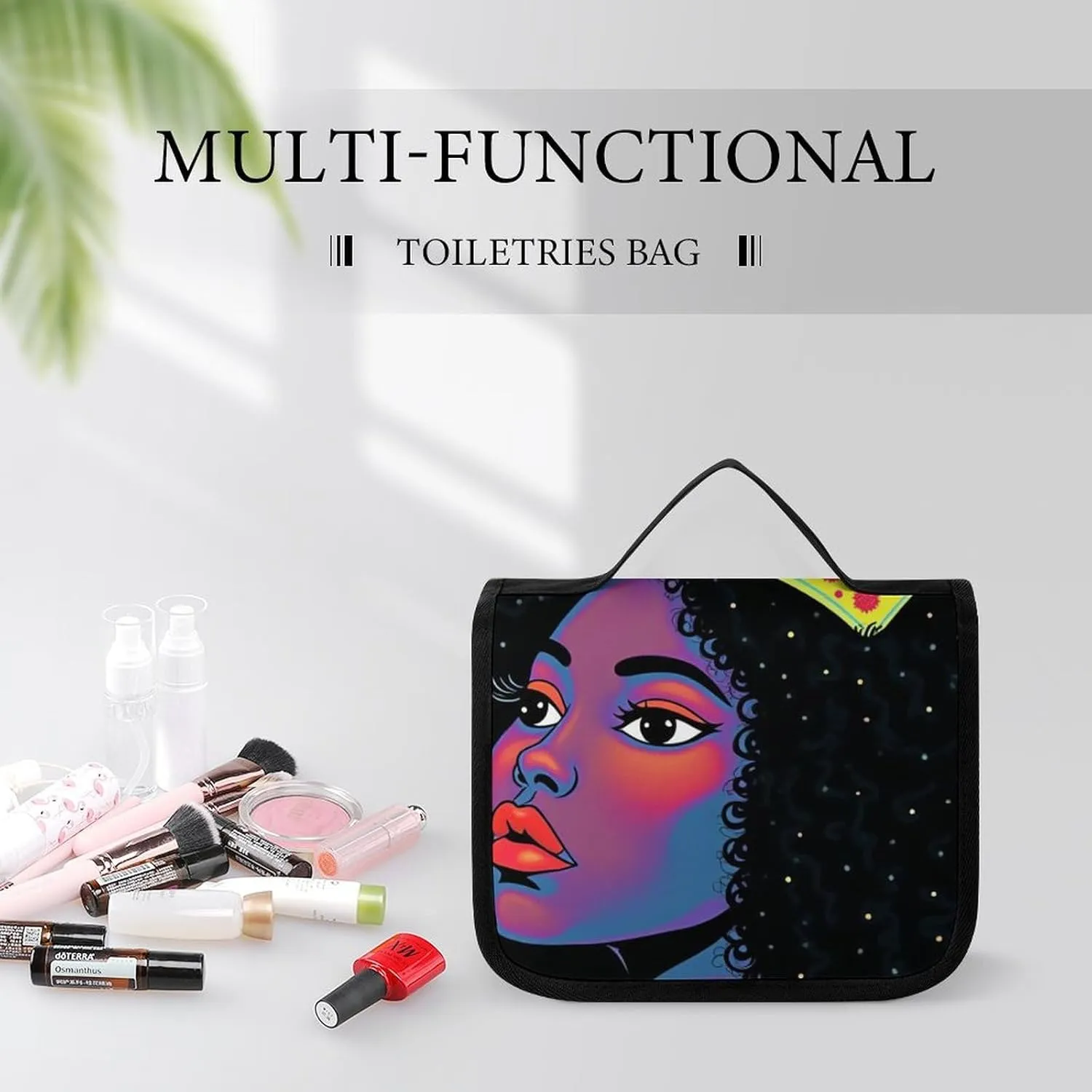 Toiletry Bag for Women and Men with Jewelry Organizer Compartment and Waterproof Pocket, Compatible with African American Woman Black Hanging Makeup Bag Accessories