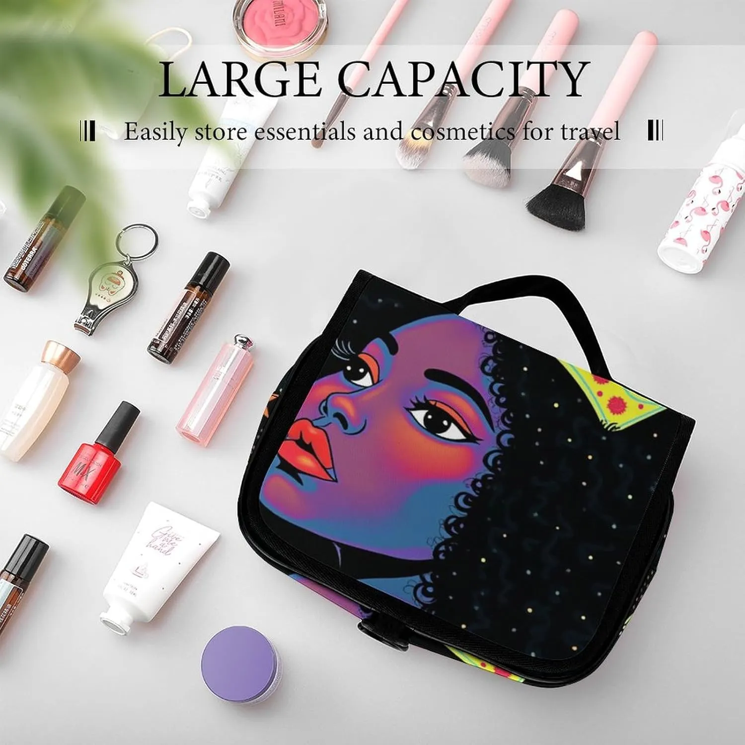 Toiletry Bag for Women and Men with Jewelry Organizer Compartment and Waterproof Pocket, Compatible with African American Woman Black Hanging Makeup Bag Accessories