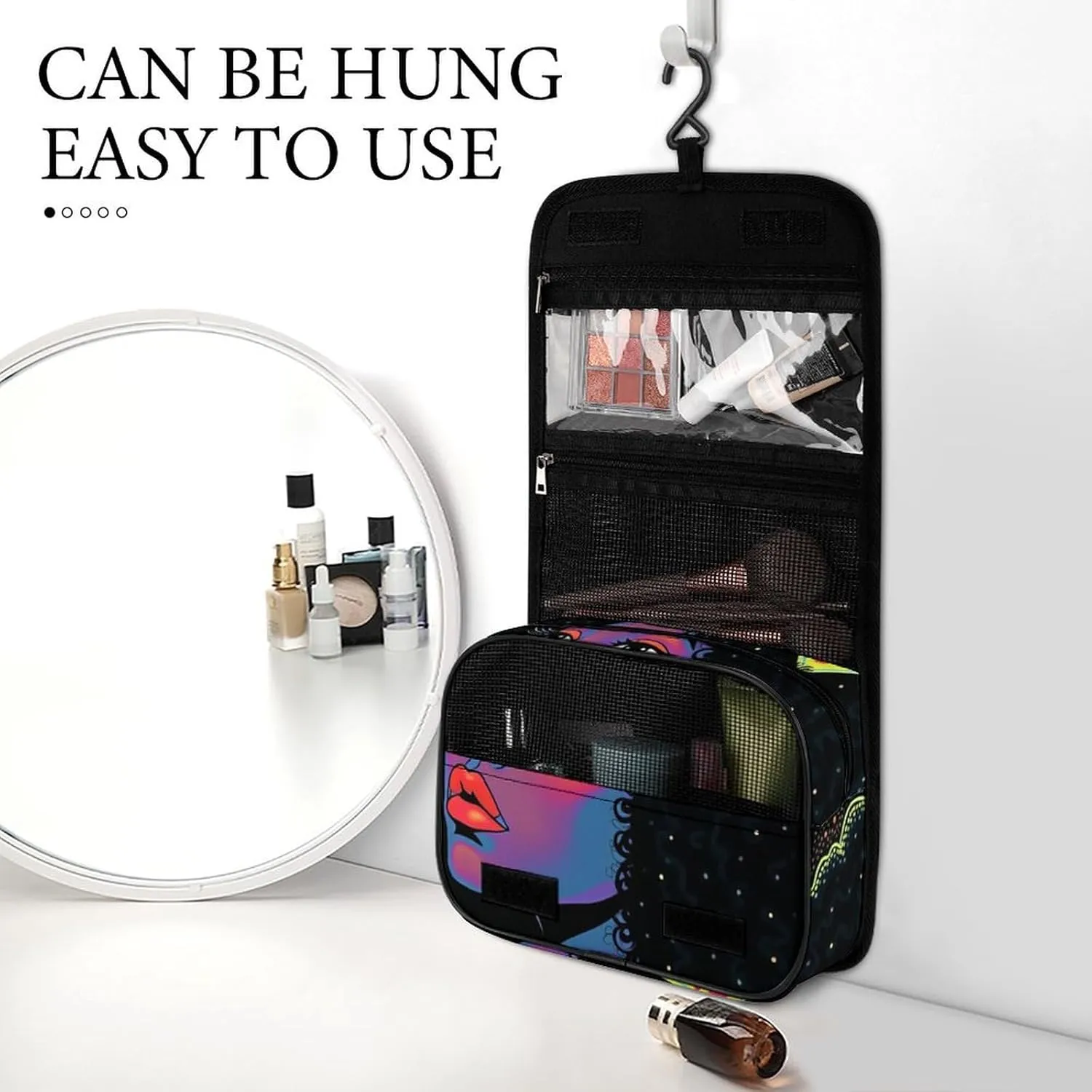 Toiletry Bag for Women and Men with Jewelry Organizer Compartment and Waterproof Pocket, Compatible with African American Woman Black Hanging Makeup Bag Accessories