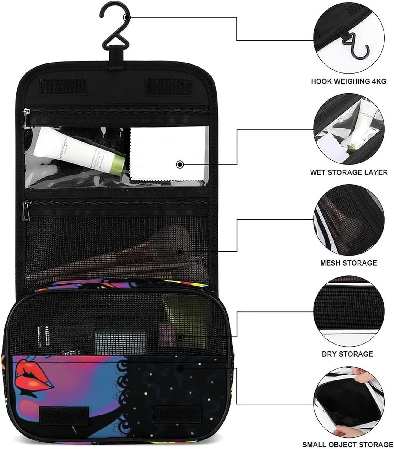 Toiletry Bag for Women and Men with Jewelry Organizer Compartment and Waterproof Pocket, Compatible with African American Woman Black Hanging Makeup Bag Accessories