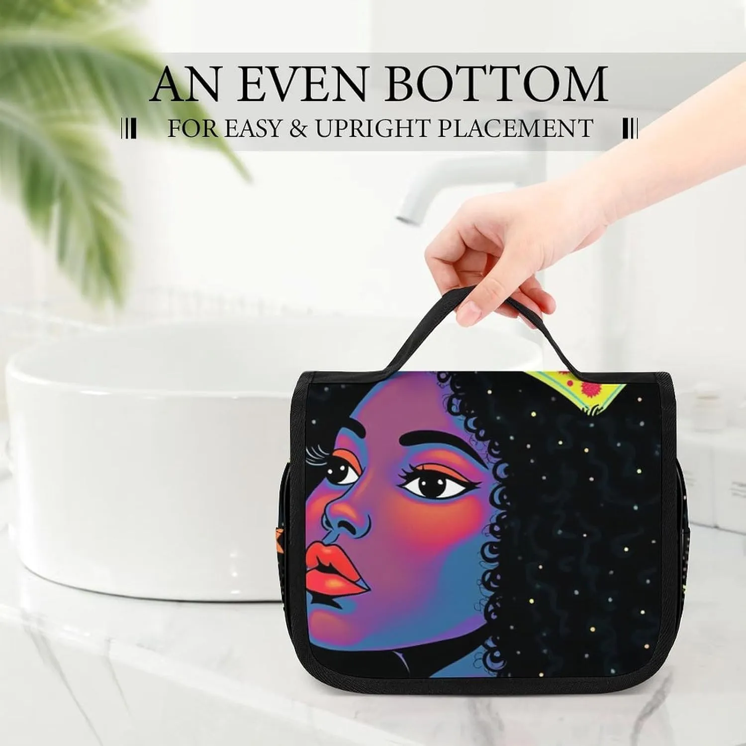 Toiletry Bag for Women and Men with Jewelry Organizer Compartment and Waterproof Pocket, Compatible with African American Woman Black Hanging Makeup Bag Accessories