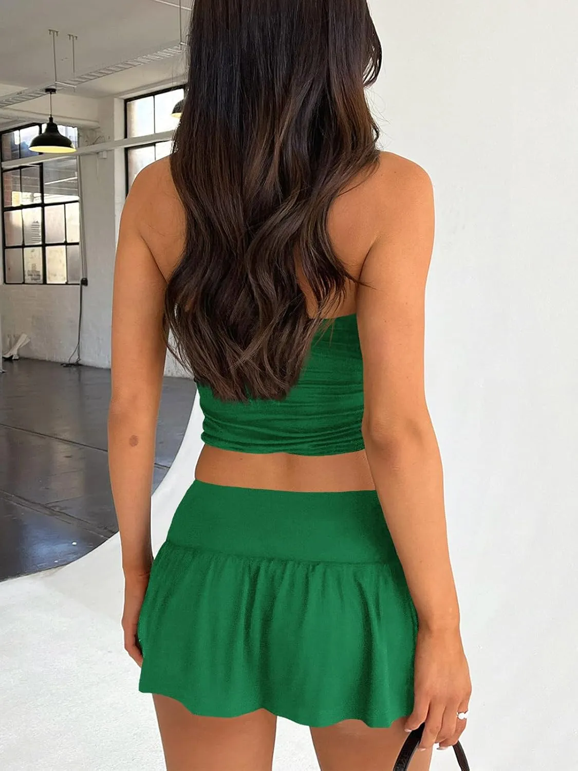 Tongmingyun Womens Summer 2 Piece Outfits Y2k Crop Tube Tops and Pleated Mini Skirts Beach Sets