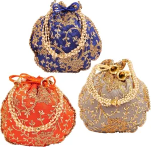 Touchstone Traditional Indian Hand Embroidered Jewelry Sweet Distribution Drawstring Fancy Colourful Purses Pouch for Women.