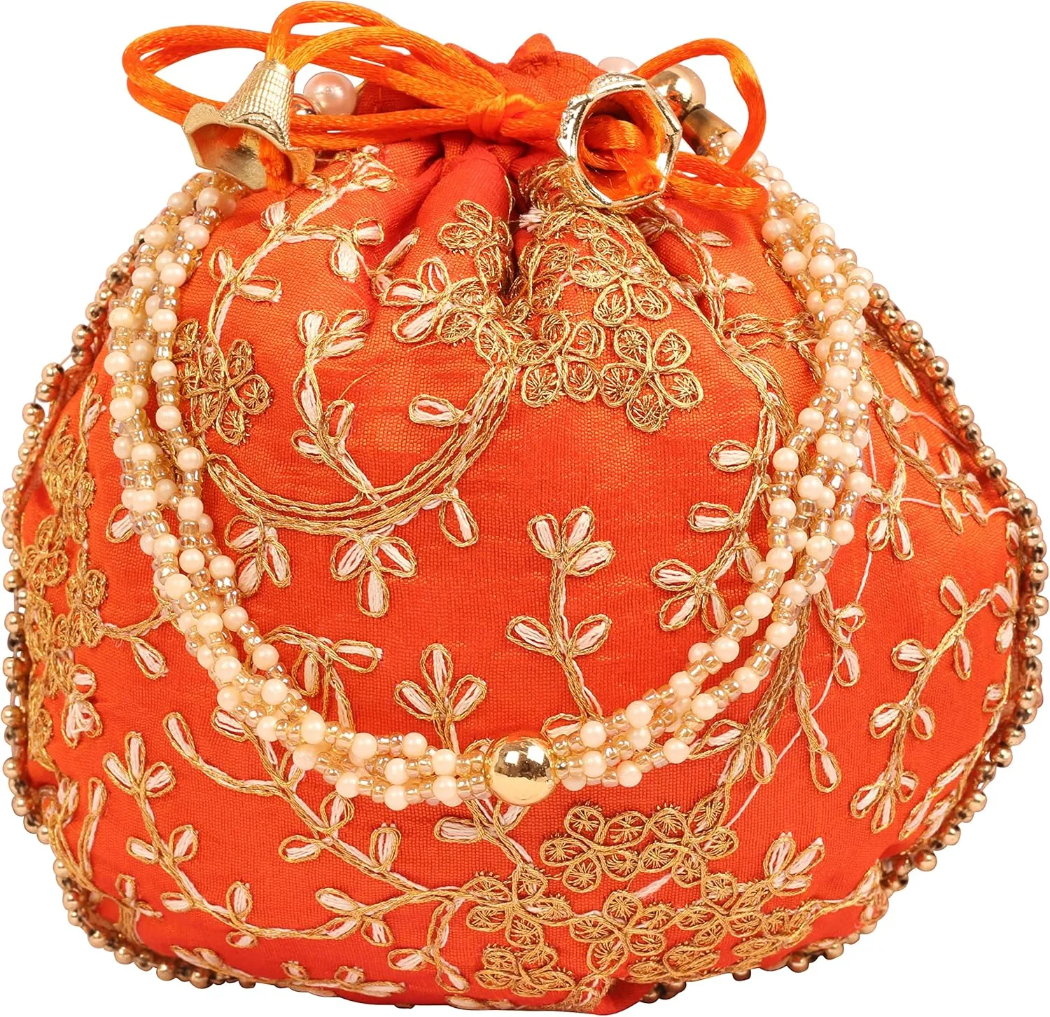 Touchstone Traditional Indian Hand Embroidered Shopping Gifts Jewelry Wedding Faux Pearls Strings Drawstring Bag for Women.