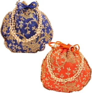 Touchstone Traditional Indian Hand Embroidered Shopping Gifts Jewelry Wedding Faux Pearls Strings Drawstring Bag for Women.