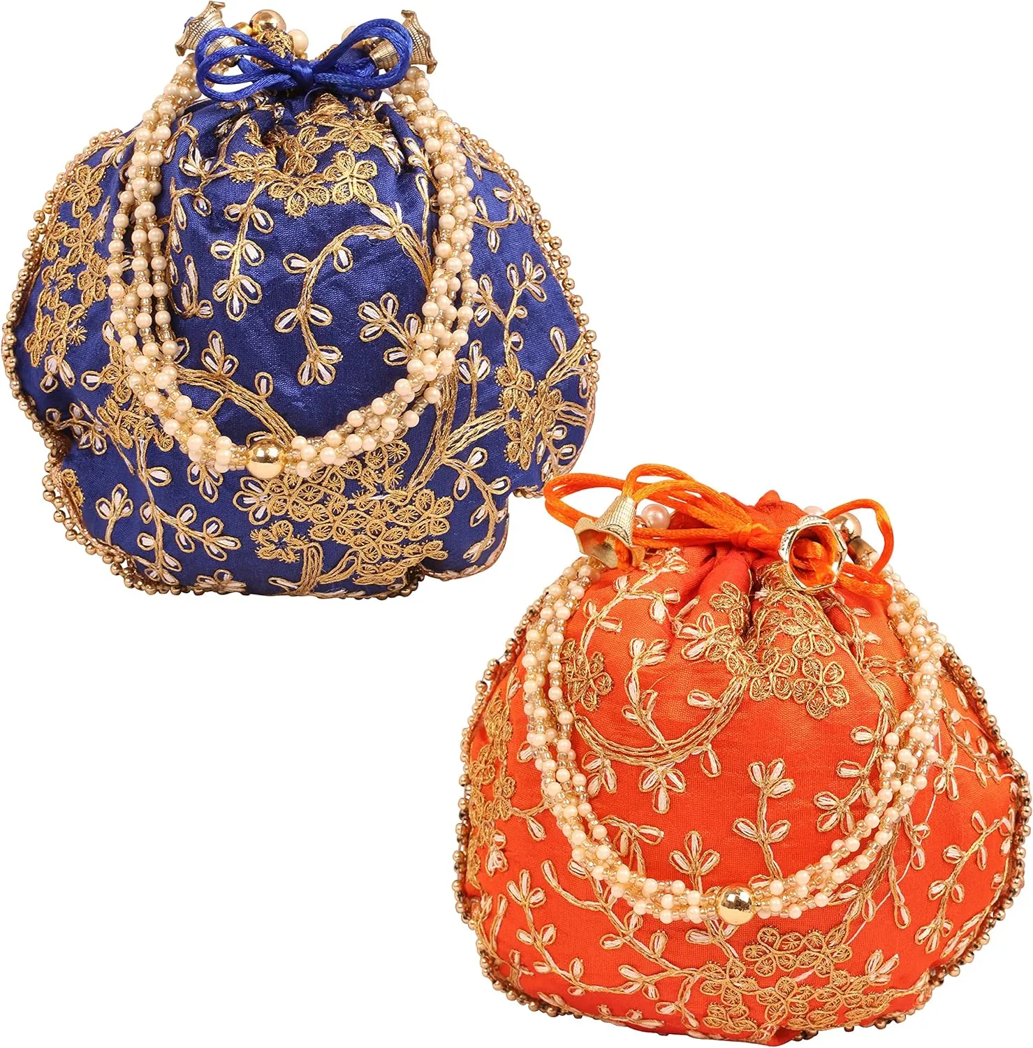 Touchstone Traditional Indian Hand Embroidered Shopping Gifts Jewelry Wedding Faux Pearls Strings Drawstring Bag for Women.