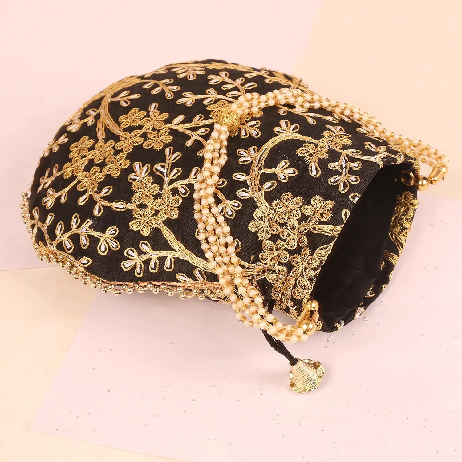 Touchstone Traditional Indian Hand Embroidered Shopping Gifts Jewelry Wedding Faux Pearls Strings Drawstring Bag for Women.