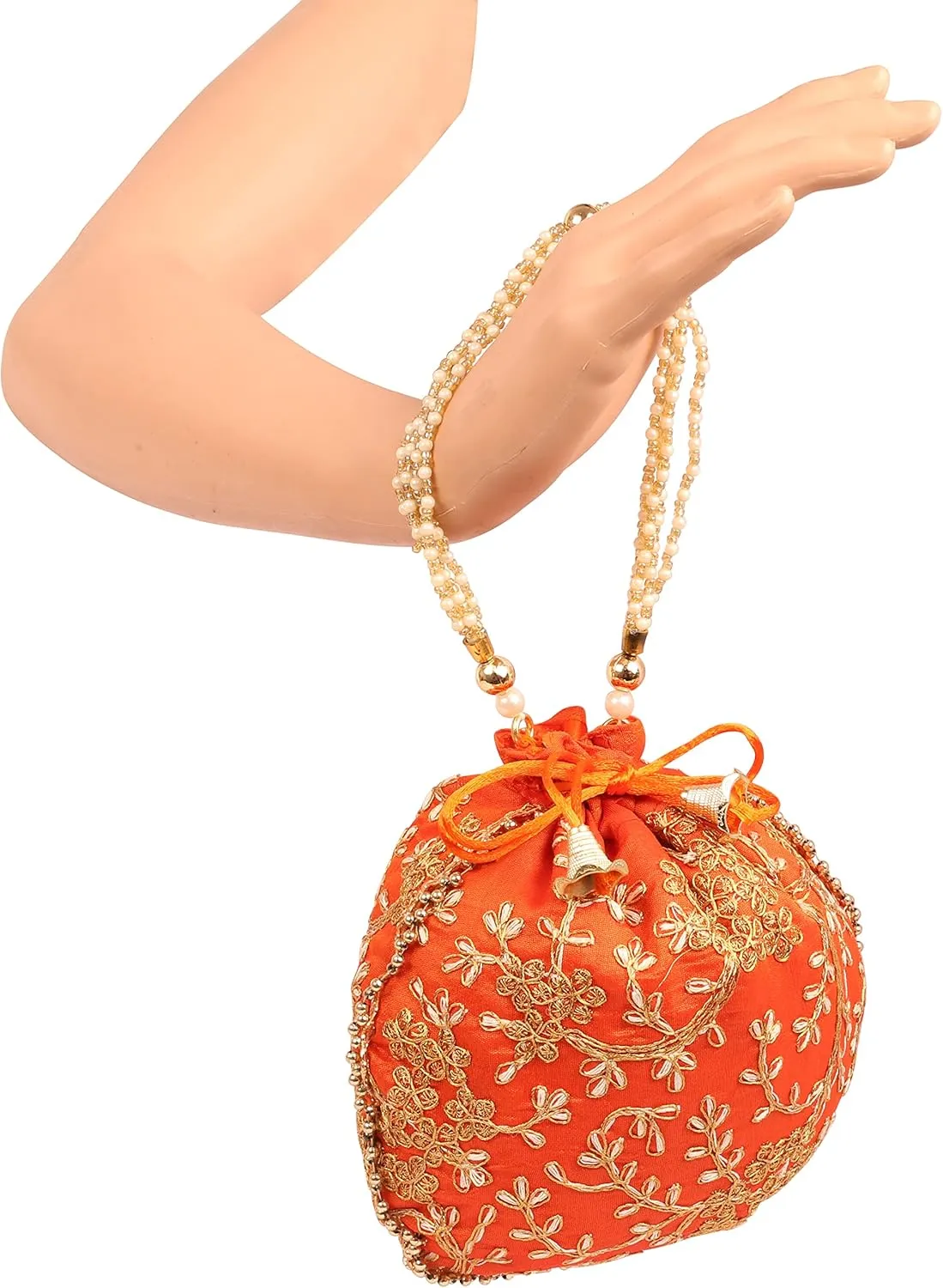 Touchstone Traditional Indian Hand Embroidered Shopping Gifts Jewelry Wedding Faux Pearls Strings Drawstring Bag for Women.
