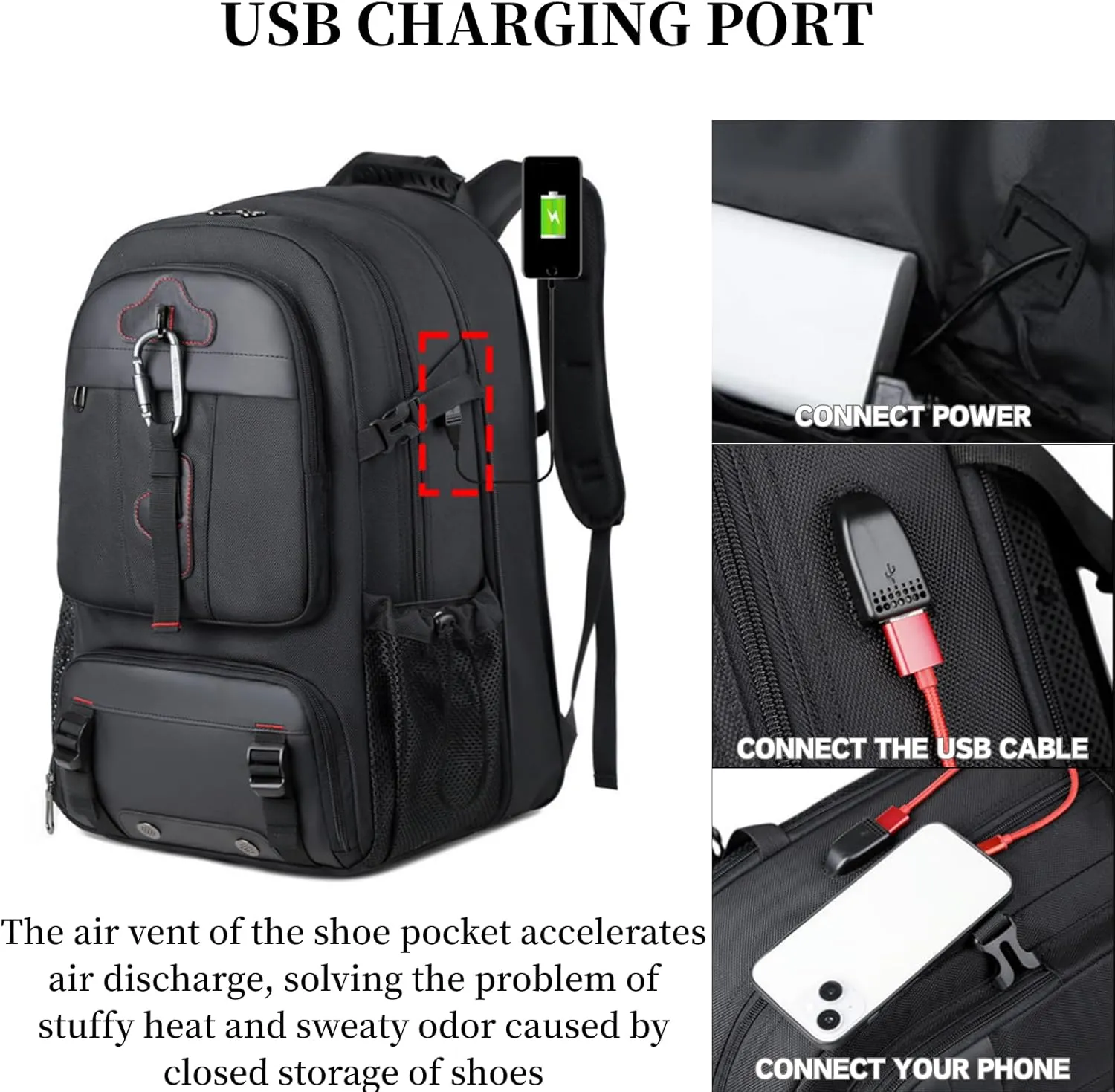Travel Backpack 70L, 18 Inch Laptop Backpack for Men Women, Large Waterproof Carry On Backpack, TSA Friendly Flight Approved Anti-Theft Backpack with USB Interface & Shoe Compartment, Black