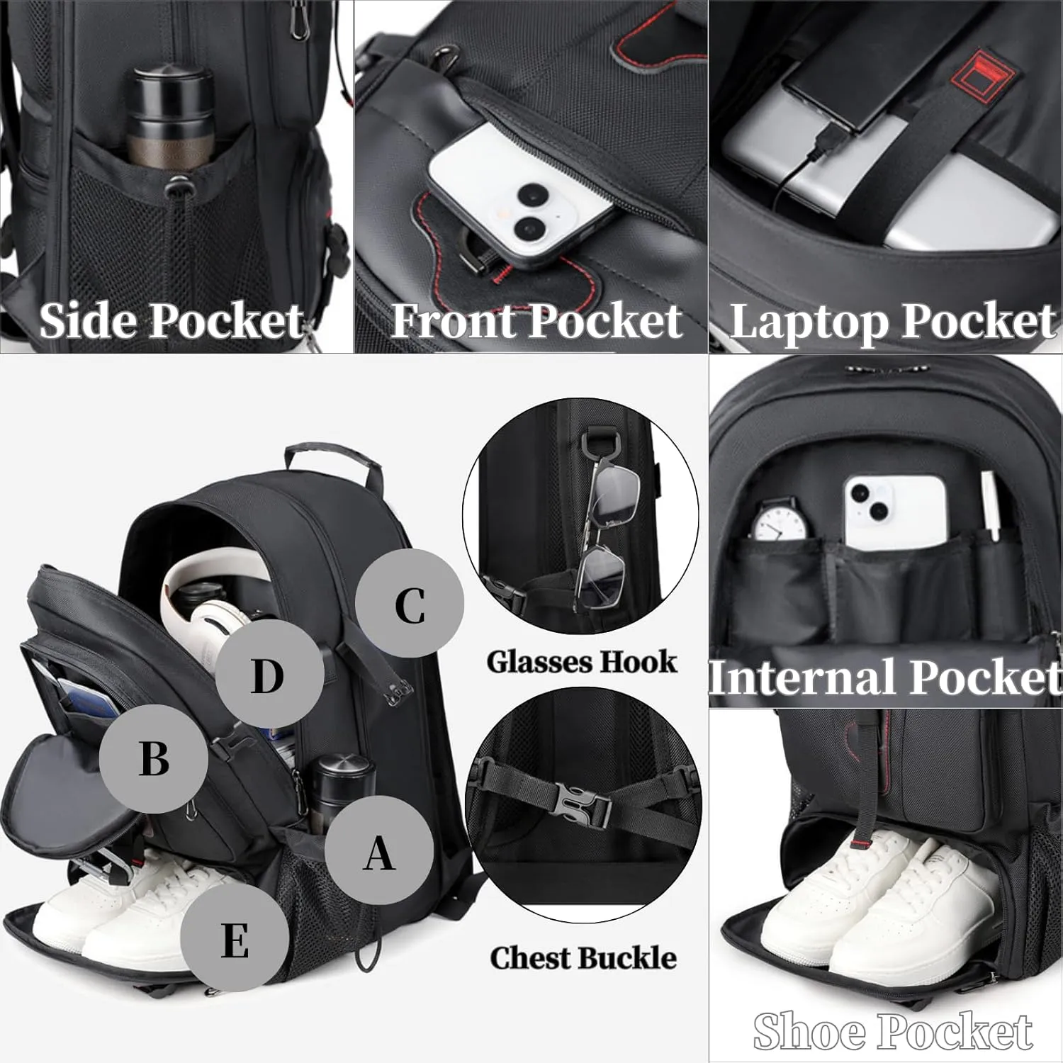 Travel Backpack 70L, 18 Inch Laptop Backpack for Men Women, Large Waterproof Carry On Backpack, TSA Friendly Flight Approved Anti-Theft Backpack with USB Interface & Shoe Compartment, Black