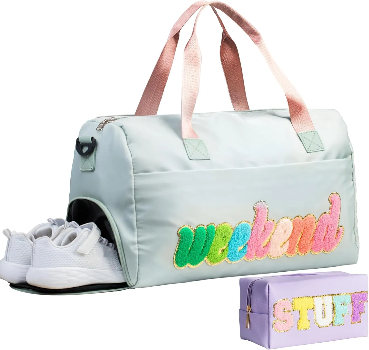 travel bag weekender bags for women sleepover bag overnight bag with shoe compartment duffel bag weekend bag gym bag hospital personal item with Toiletry Bag 2 pcs stuff Chenille Letter Preppy