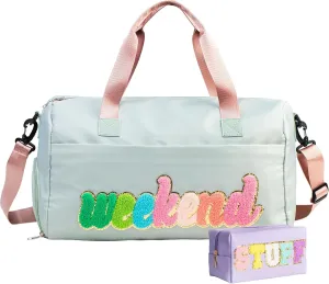 travel bag weekender bags for women sleepover bag overnight bag with shoe compartment duffel bag weekend bag gym bag hospital personal item with Toiletry Bag 2 pcs stuff Chenille Letter Preppy