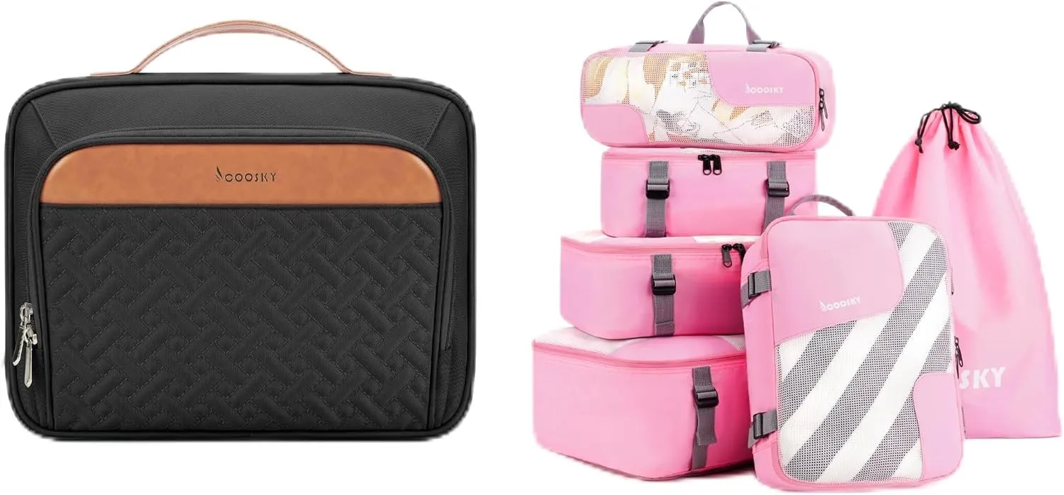 Travel Hanging Toiletry Bag for Women, Holds Full-Size Shampoo, with Jewelry Organizer Compartment   6 Set Compression Packing Cubes