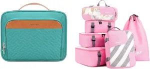 Travel Hanging Toiletry Bag for Women, Holds Full-Size Shampoo, with Jewelry Organizer Compartment   6 Set Compression Packing Cubes