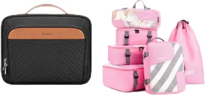 Travel Hanging Toiletry Bag for Women, Holds Full-Size Shampoo, with Jewelry Organizer Compartment   6 Set Compression Packing Cubes