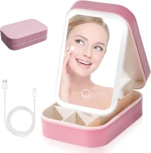 Travel Makeup Bag with LED Lighted Mirror  3-Color Adjustable Brightness, Waterproof Cosmetic Organizer & Jewelry Storage  Portable Train Case for Women & Girls