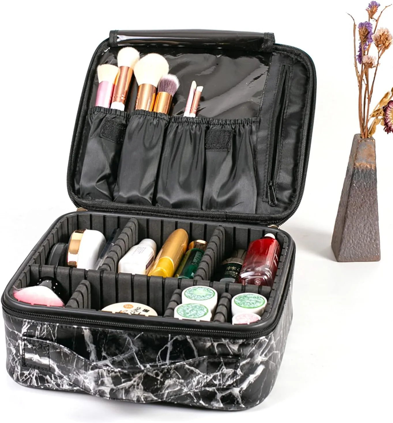 Travel Makeup Train Case Make Up Cosmetic Organizer Bag Makeup Tool Storage with Adjustable Compartments for Women Makeup Brush Toiletry Jewelry Digital Accessories