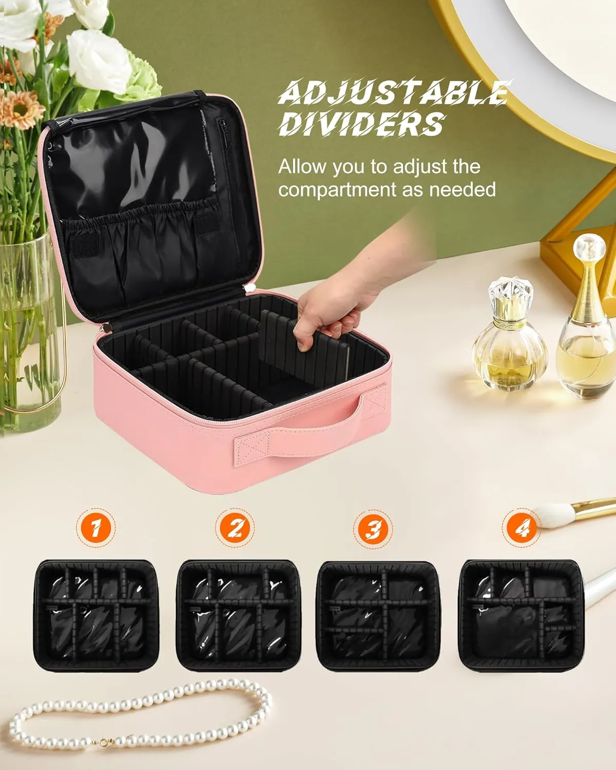 Travel Makeup Train Case Makeup Cosmetic Case Organizer Portable Artist Storage Bag with Adjustable Dividers for Brushes Toiletry Jewelry Digital Accessories Pink