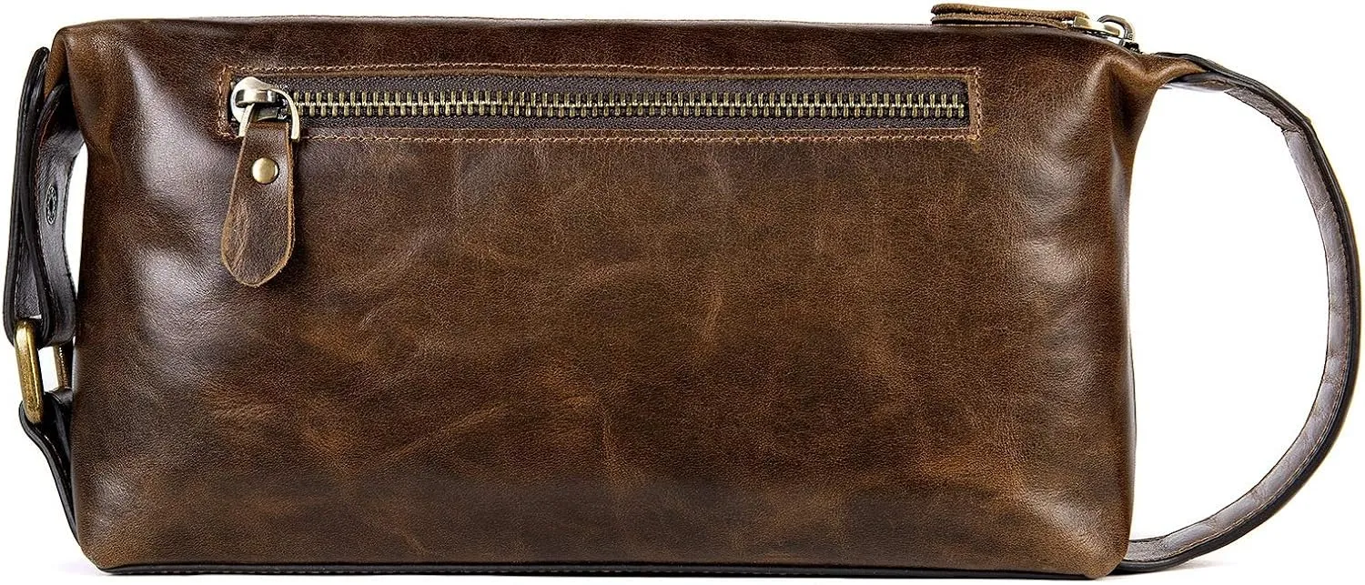 Travel Portable Wash Bag Retro Oil Wax Soft Leather Toiletry Organizer Bag Makeup Case Credit Card Holder Storage Pouch for Brushes Toiletry Jewelry Storage