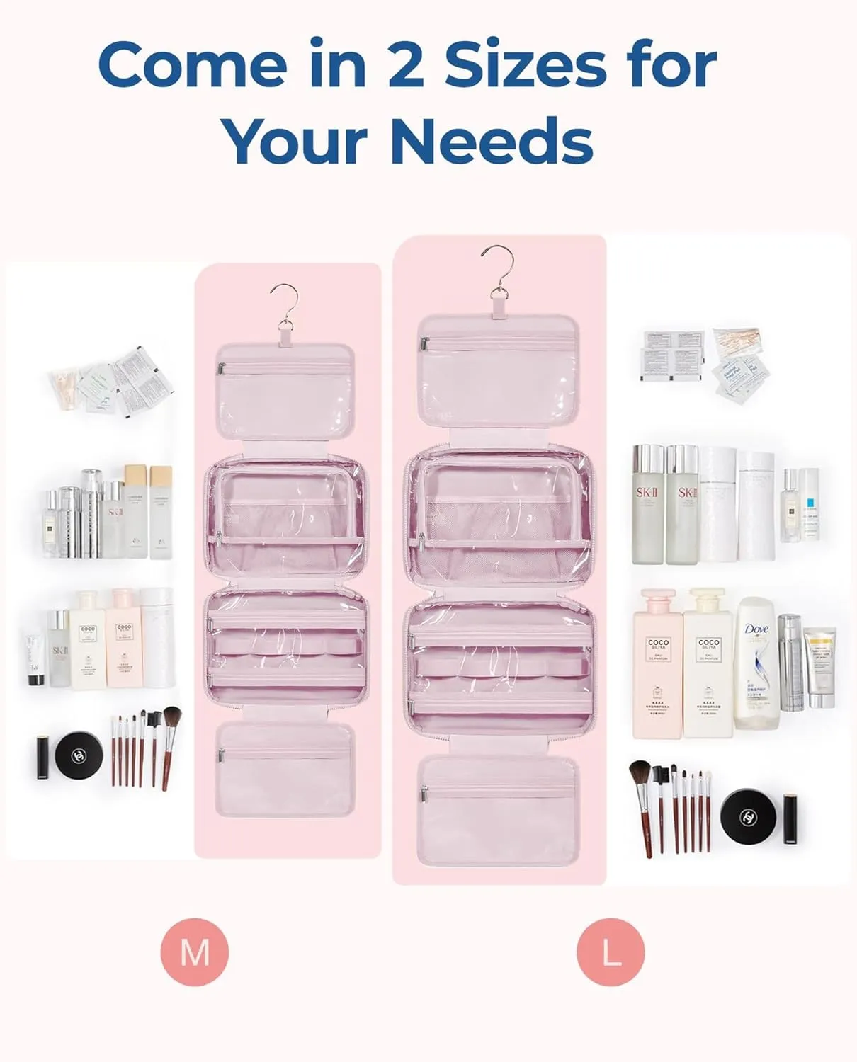 Travel Toiletry Bag, Women's Hanging Toiletry Bag, Holds Travel-Sized Shampoo, Conditioner, Beach Vacation Essentials (Pink, Large)