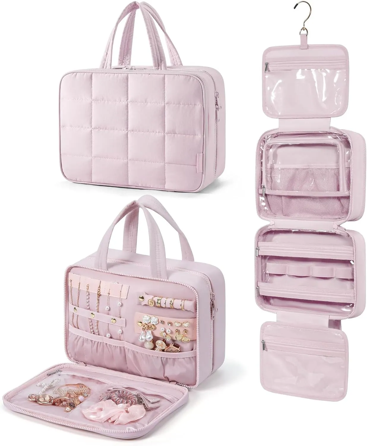 Travel Toiletry Bag, Women's Hanging Toiletry Bag, Holds Travel-Sized Shampoo, Conditioner, Beach Vacation Essentials (Pink, Large)