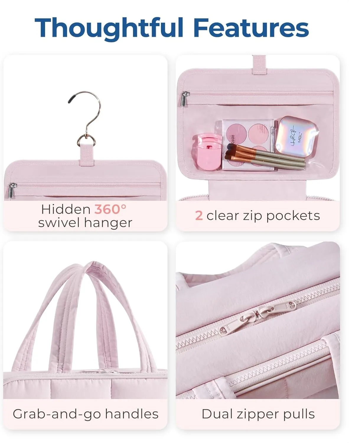 Travel Toiletry Bag, Women's Hanging Toiletry Bag, Holds Travel-Sized Shampoo, Conditioner, Beach Vacation Essentials (Pink, Large)