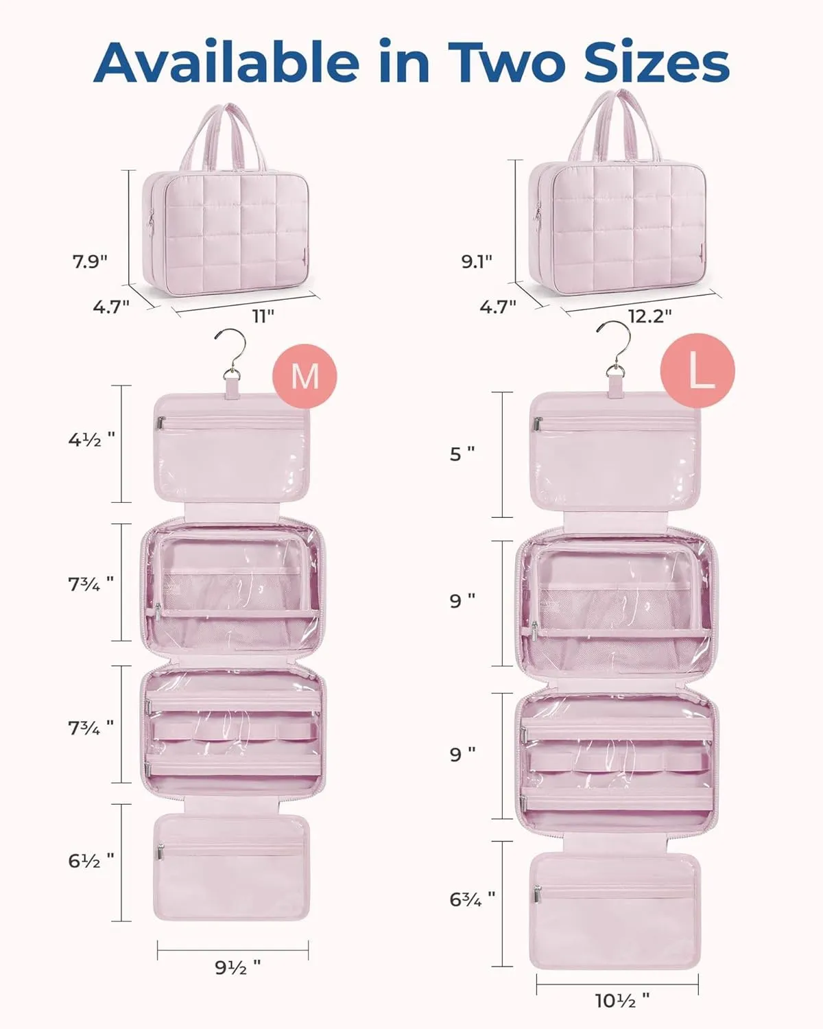 Travel Toiletry Bag, Women's Hanging Toiletry Bag, Holds Travel-Sized Shampoo, Conditioner, Beach Vacation Essentials (Pink, Large)