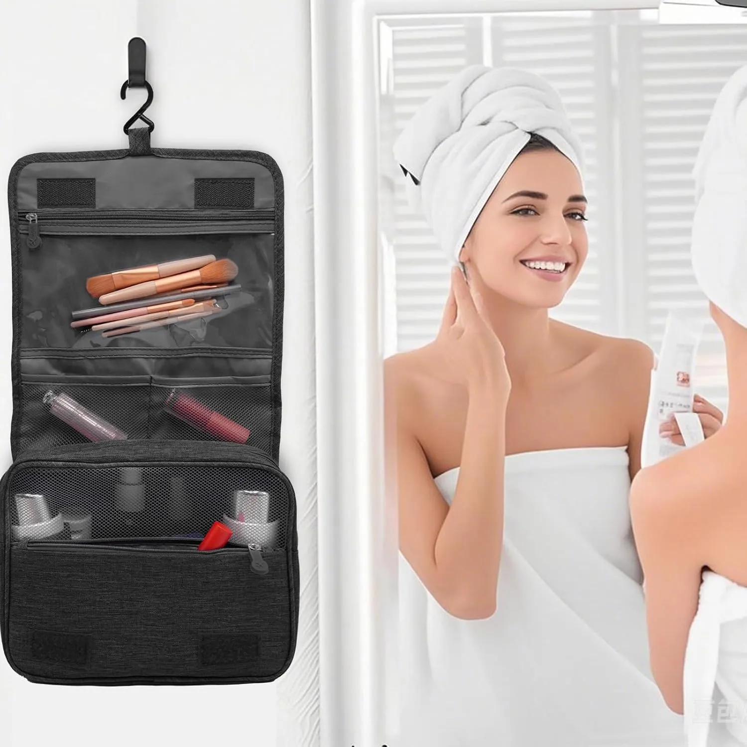 Travel Toiletry Bag,Hanging Travel Makeup Jewelry Toiletries Organizer Bags,Shower Bag with Top Handle for Men Women (Black)