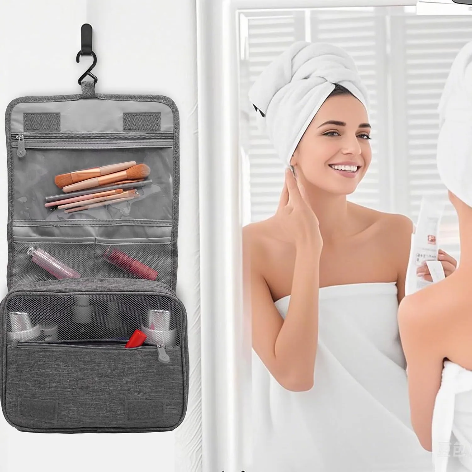 Travel Toiletry Bag,Hanging Travel Makeup Jewelry Toiletries Organizer Bags,Shower Bag with Top Handle for Men Women (Grey)