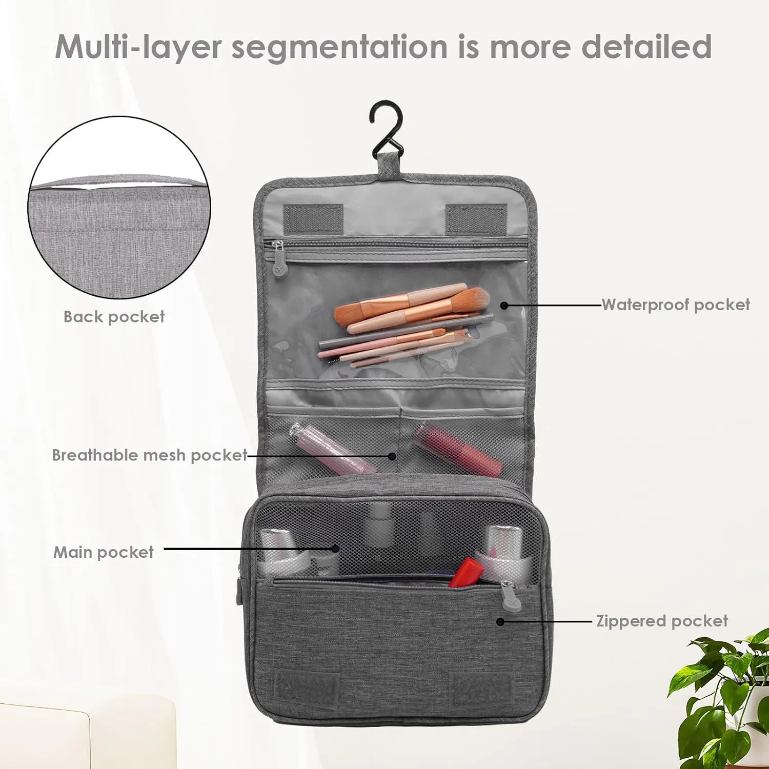 Travel Toiletry Bag,Hanging Travel Makeup Jewelry Toiletries Organizer Bags,Shower Bag with Top Handle for Men Women (Grey)