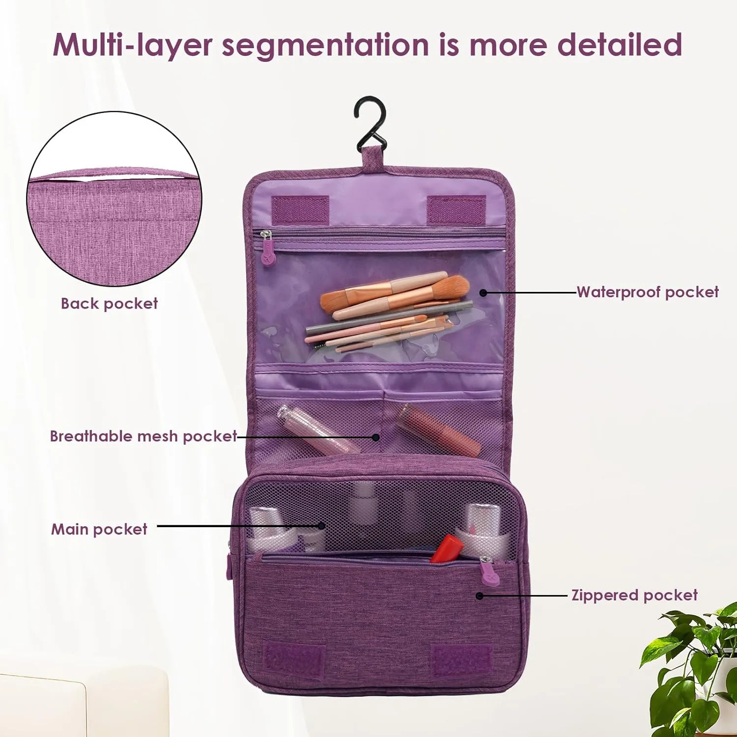 Travel Toiletry Bag,Hanging Travel Makeup Jewelry Toiletries Organizer Bags,Shower Bag with Top Handle for Men Women (Purple)