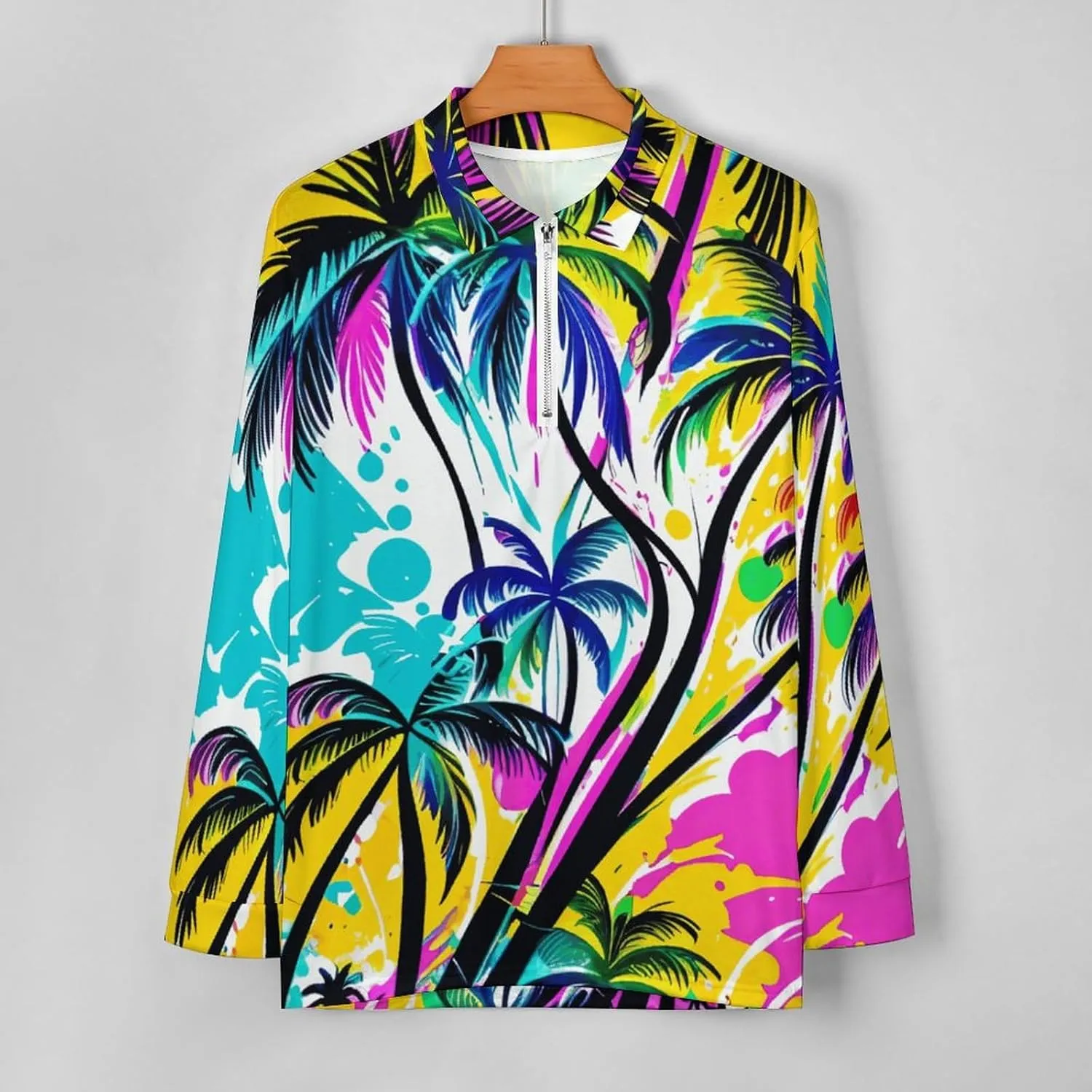 Tropical Palm-Trees Men's Lapel Neck Polo- Shirts Slim Fit Long Sleeve Golf T-Shirts Casual Tees