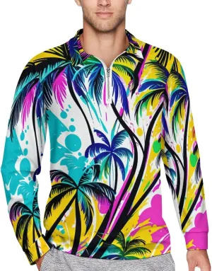 Tropical Palm-Trees Men's Lapel Neck Polo- Shirts Slim Fit Long Sleeve Golf T-Shirts Casual Tees