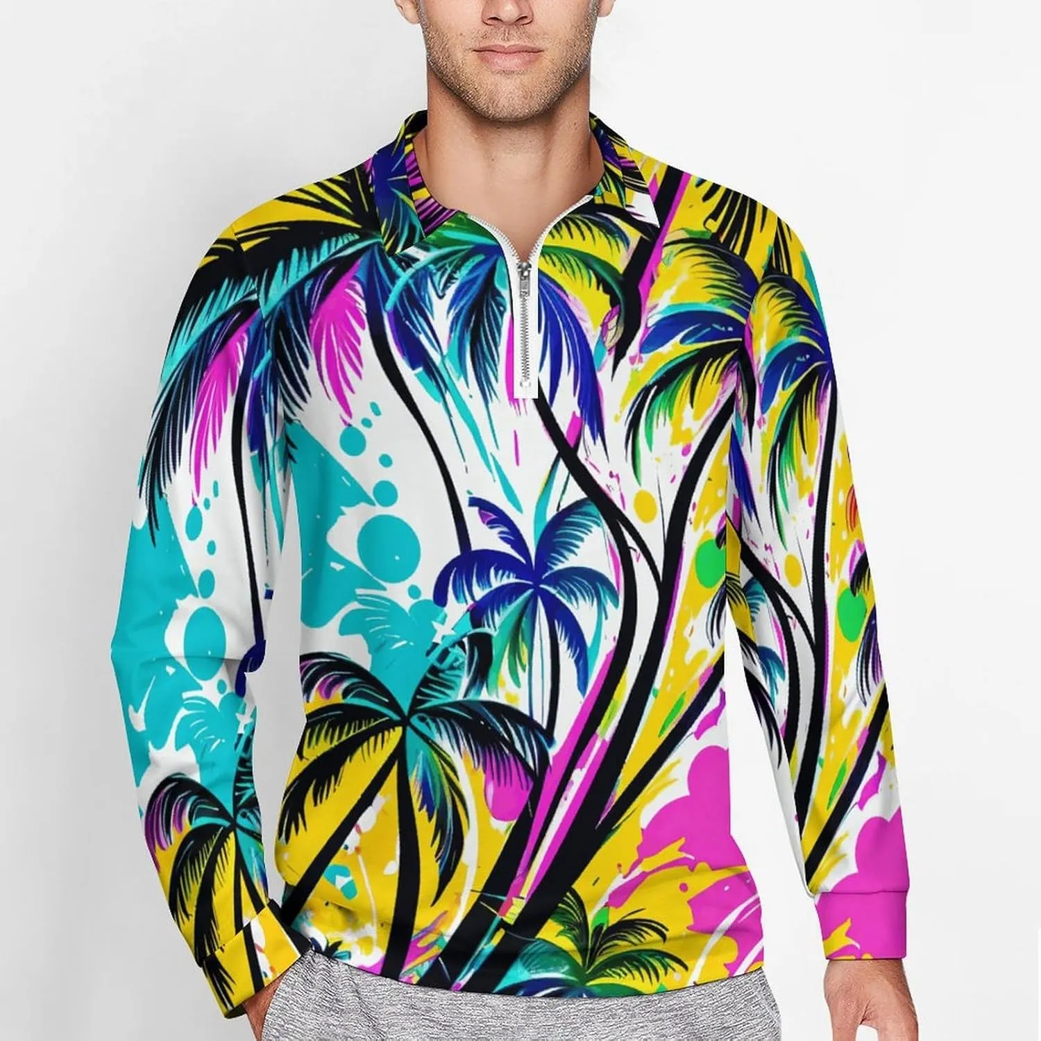 Tropical Palm-Trees Men's Lapel Neck Polo- Shirts Slim Fit Long Sleeve Golf T-Shirts Casual Tees