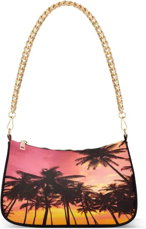 Tropical Sunset Beach Palm Trees Shoulder Handbags for Women Travel Hobo Tote Handbag Women Gold Chain Shoulder Bags Purse with Zipper Closure