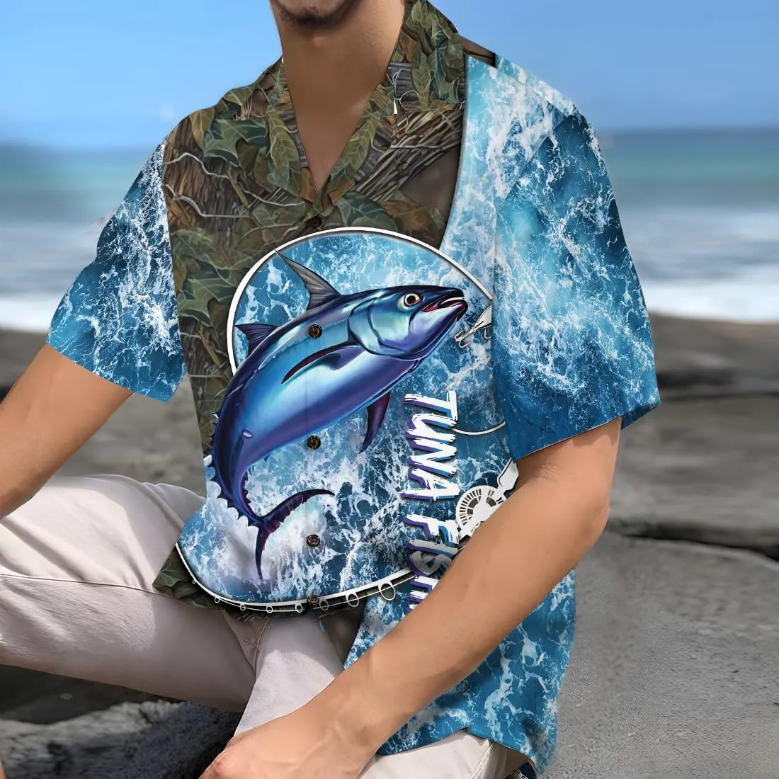 Tunny Hawaiian Shirts for Men - Tunny Lover Button Down Mens Shirts Short Sleeve Luau Beach Shirt Series 70
