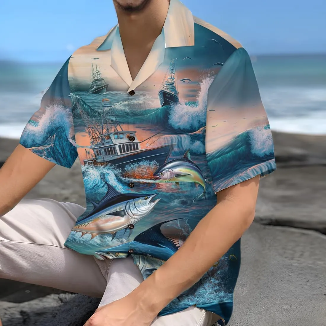 Tunny Hawaiian Shirts for Men - Tunny Lover Button Down Mens Shirts Short Sleeve Luau Beach Shirt Series 70