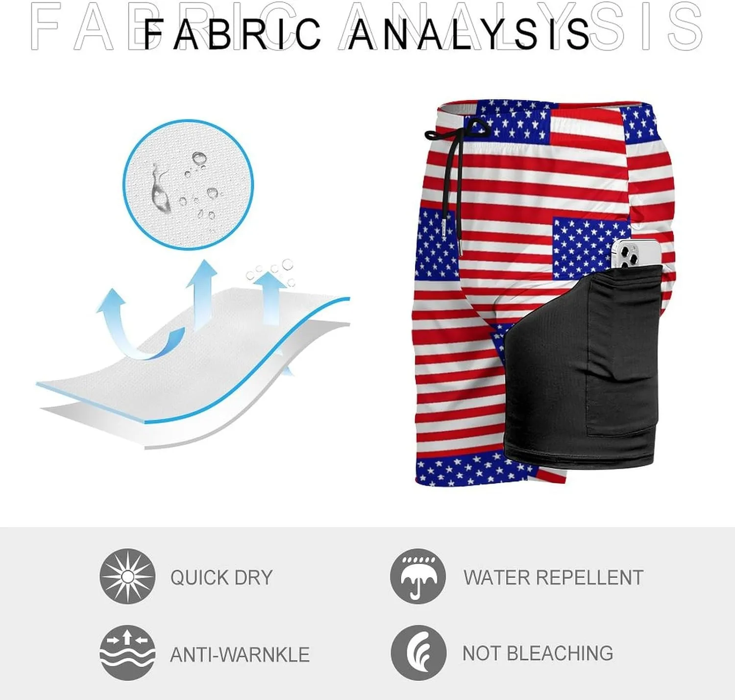 U.S. Flag Men's Swim Trunks with Compression Liner Beach Swimming Shorts with Drawstring and Pockets