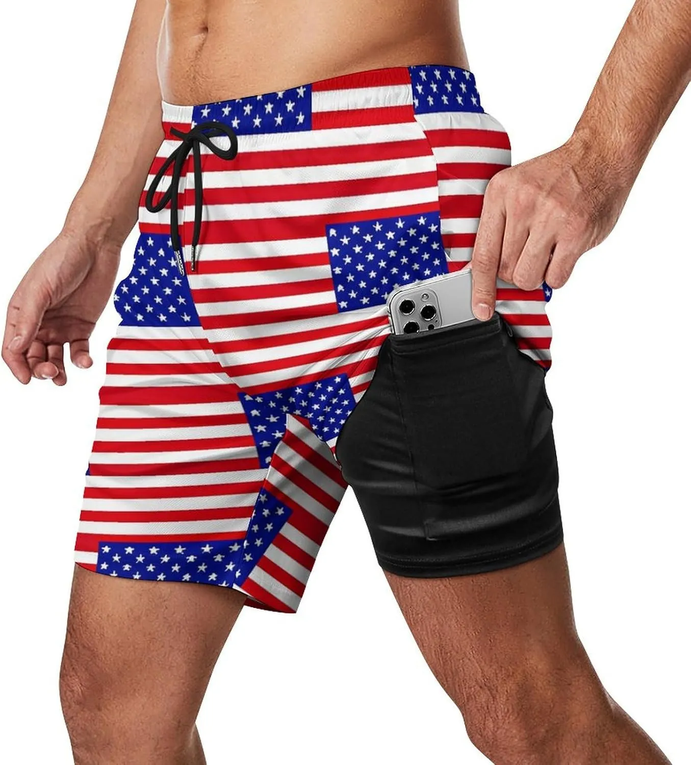 U.S. Flag Men's Swim Trunks with Compression Liner Beach Swimming Shorts with Drawstring and Pockets