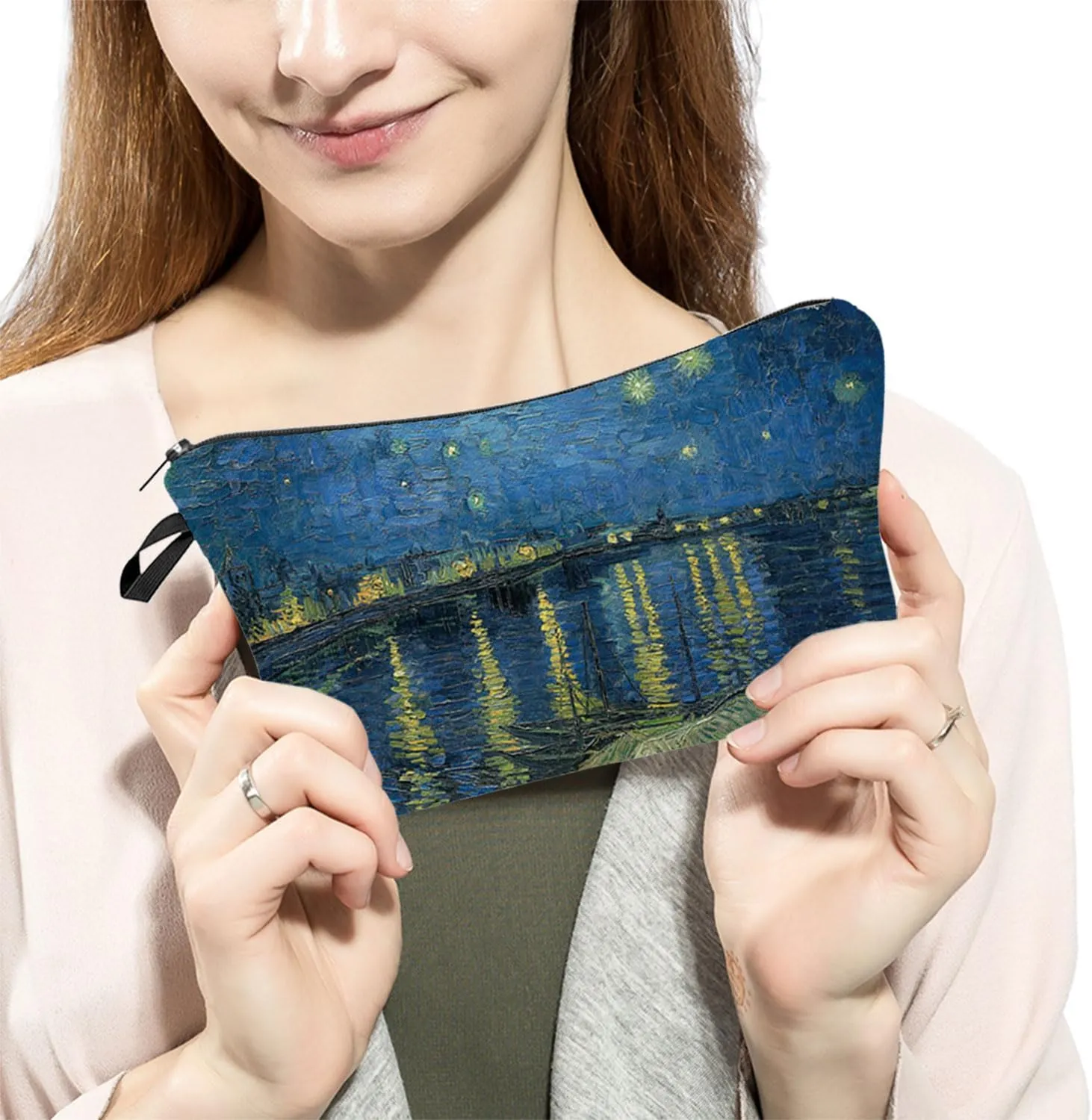 Van Gogh Starry Night Over the Rhone Cosmetic Bag Cute Makeup Bag Travel Toiletry Zipper Pouch Gifts Oil Painting Makeup Bag for Girls Women